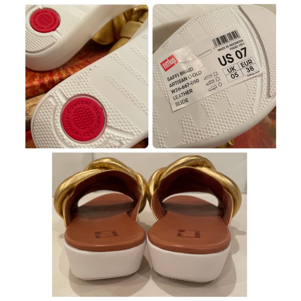 NWT FitFlop gold REAL leather Artisan FITFLOP braid front knot slides podiatric - Picture 14 of 16